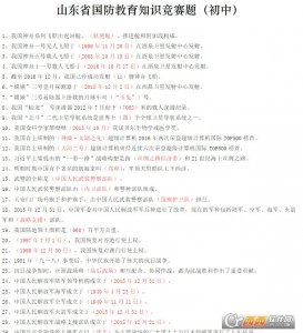 山东全省中小学生国防教育常识竞赛题及